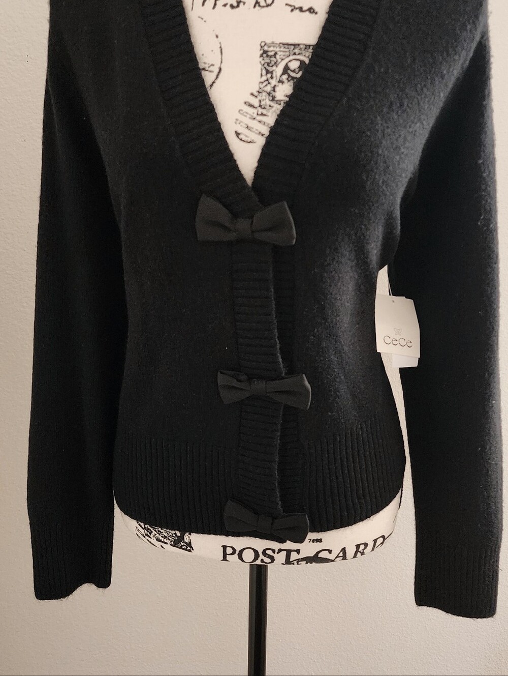 New CeCe Black Bow-Front V-Neck Cardigan